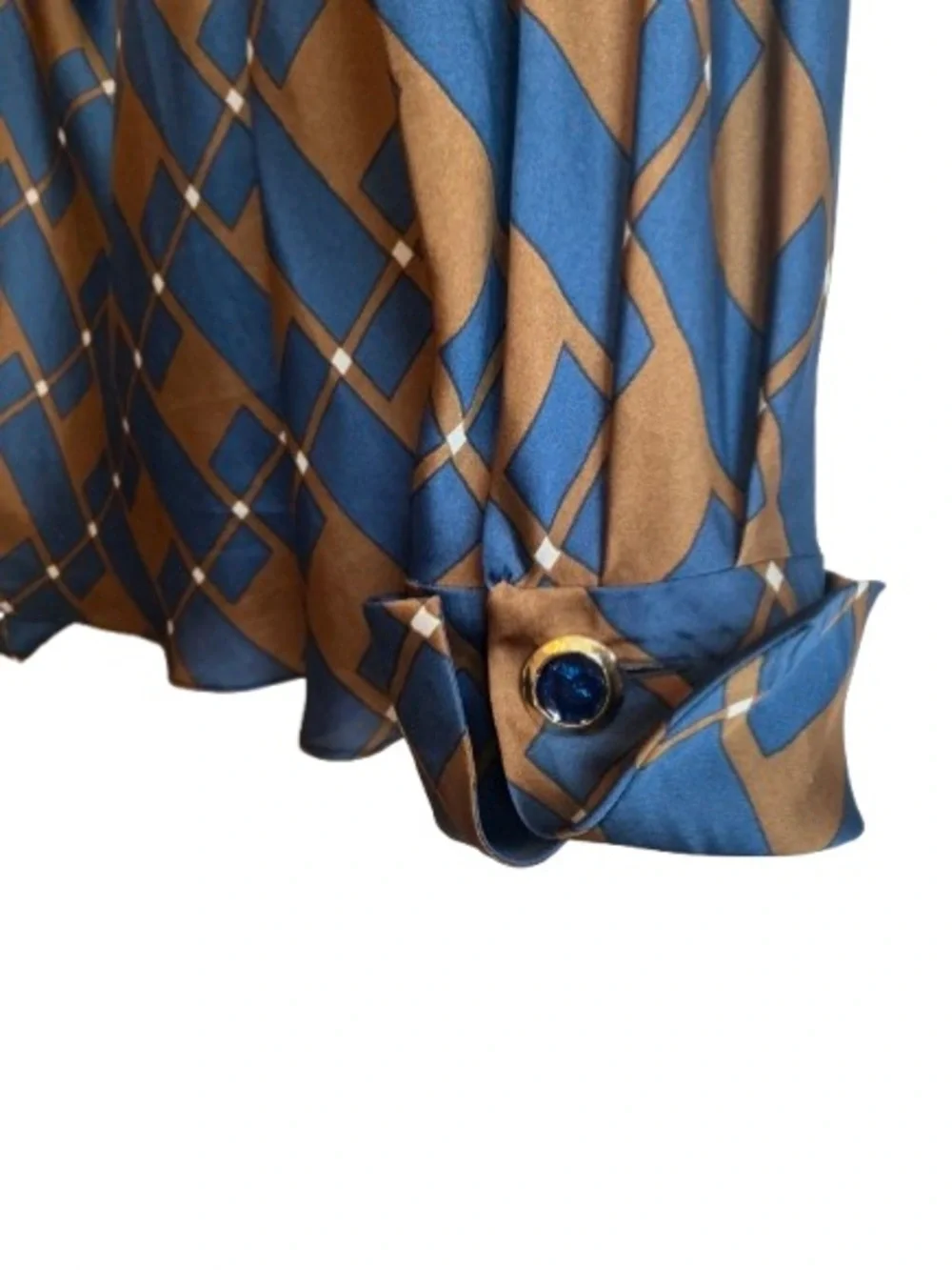 Zara Geometric Satin-Finish Long-Sleeved Blouse - Blue & Bronze - Size L - Picture 4 of 6